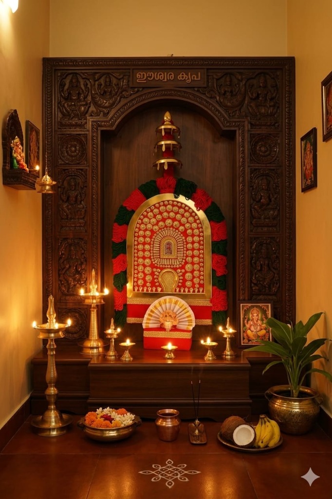 Traditional Thidambu mounted inside a carved wooden pooja room alcove