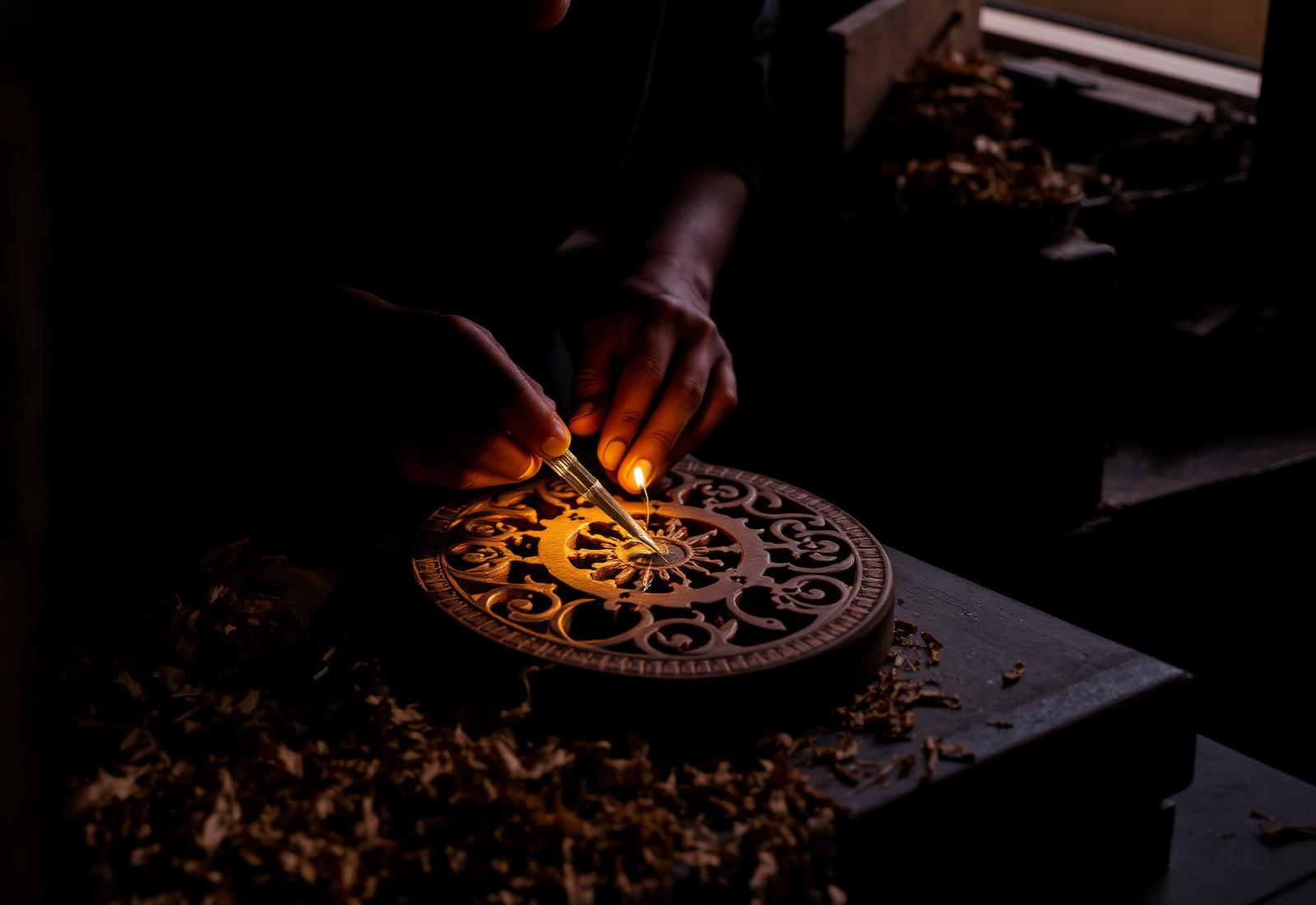 Artisan hand carving traditional motifs into a wooden panel
